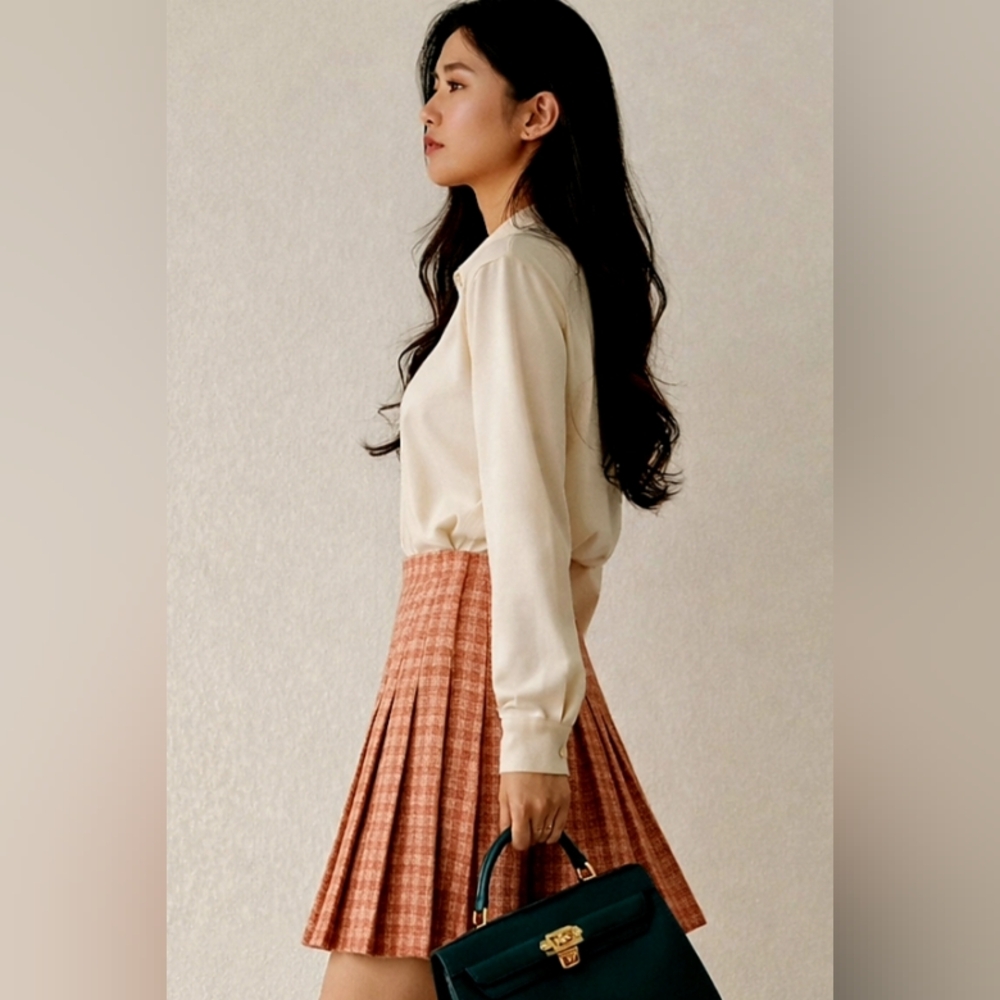 ZARA🐞Tweed Preepy Plaid Orange Cream Pleated Mini High Waisted Skirt Sz:S